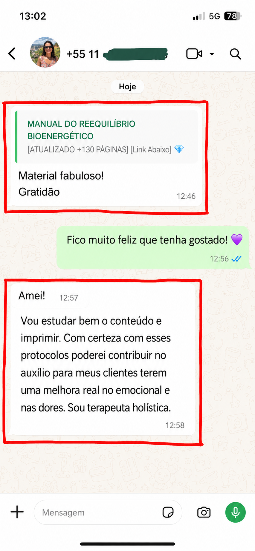 Depoimento real de cliente 3 no WhatsApp